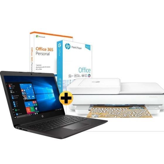 Notebook HP 246 G7 + Office 365 Personal Assinatura Anual + Papel sulfite HP Office A4 + Impressora Multifuncional HP DeskJet Plus Ink Advantage 6476 - 14
