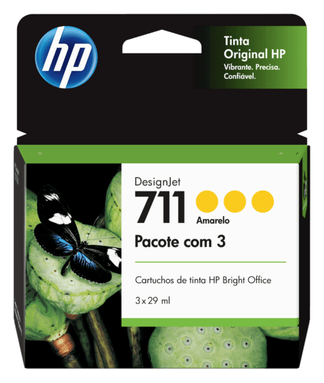 Pacote com 3 Cartuchos de Tinta HP 711 Amarelo DesignJet Originais
