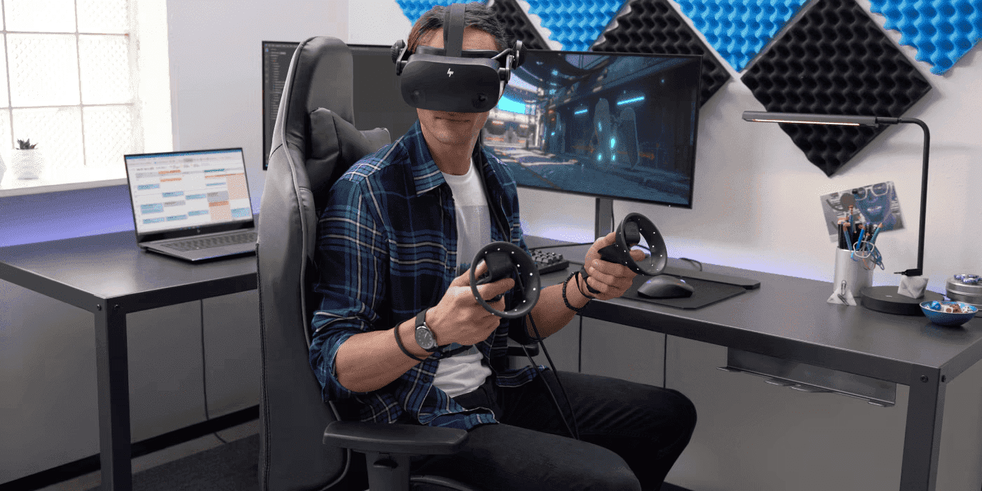Gamer usando headset VR para experiência imersiva em jogos