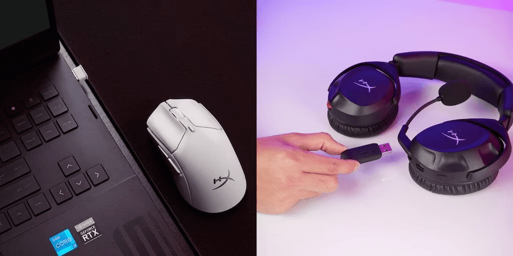 Mouse HyperX blanco junto a laptop y aud&iacute;fonos gaming HyperX negros con dongle USB.